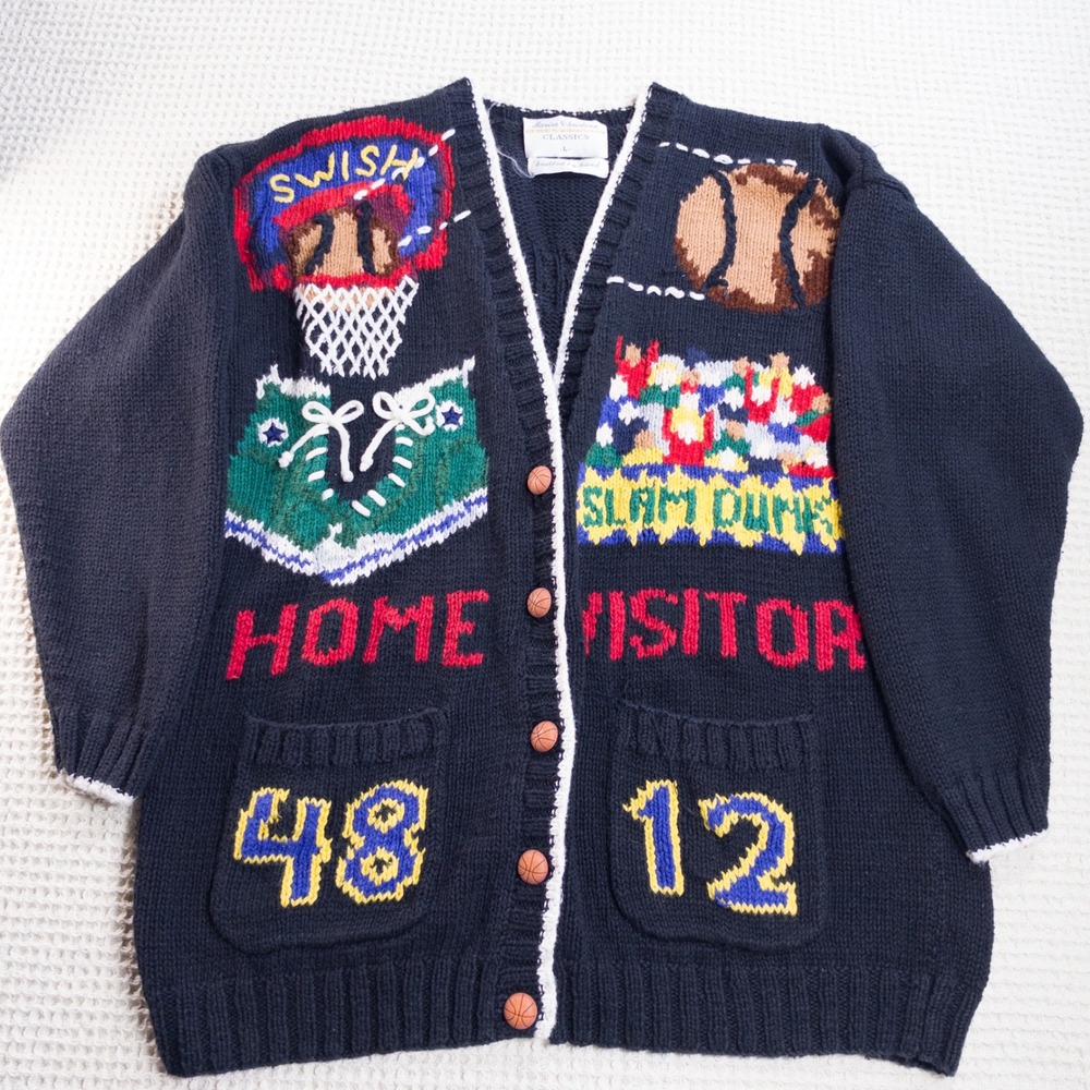 Marisa Christina Classics Hand Knit Basketball Cardigan Sweater Navy Blue Large